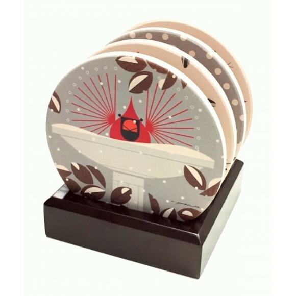 Charley Harper Cardinal Stone Coasters set of 4 with wood stand NEW - Picture 11 of 13